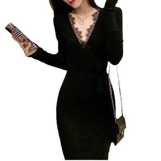 Black women's slim fit woolen skirt with princess dress styling