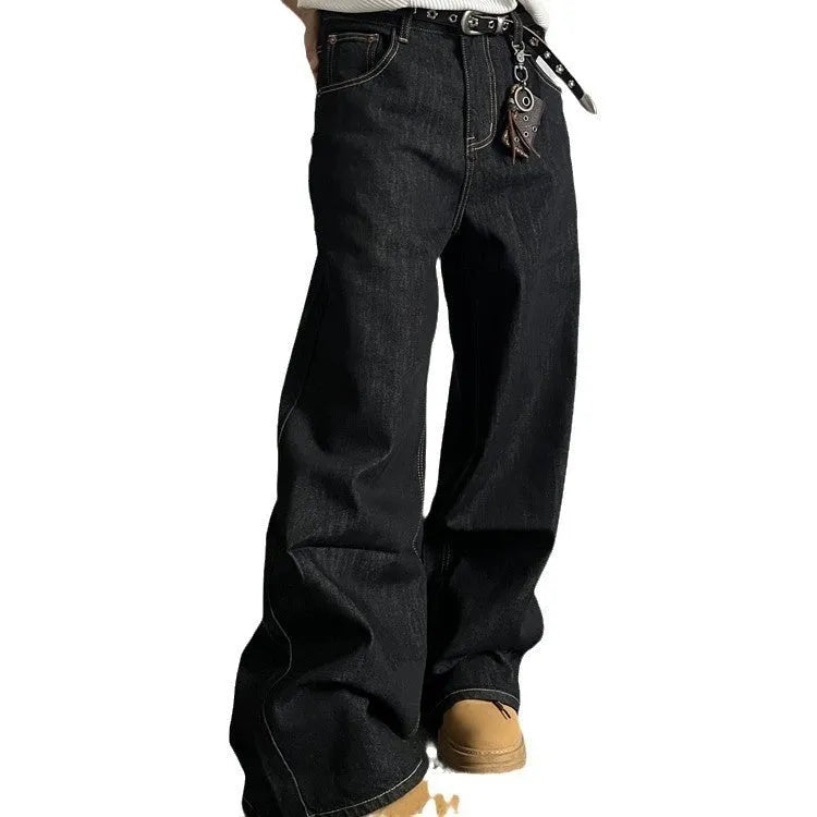 Black loose wide-leg straight-leg retro jeans on a hanger, showing zip fly and mid waist.