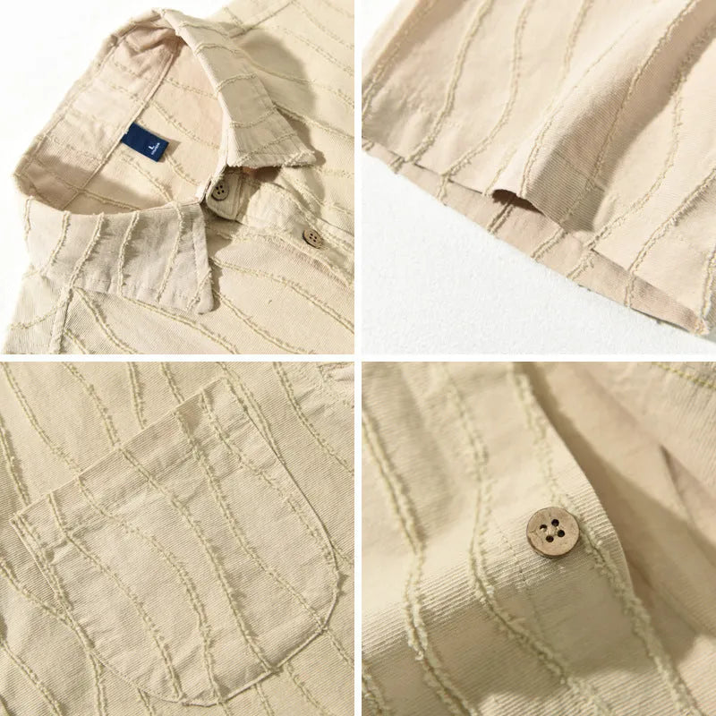 Men's apricot coloured pure cotton loose-fit casual summer shirt with short sleeves.