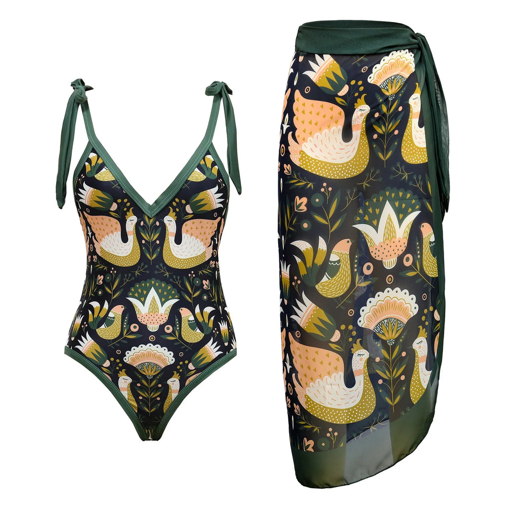 Women's solid colour one-piece swimsuit with spaghetti straps and matching skirt