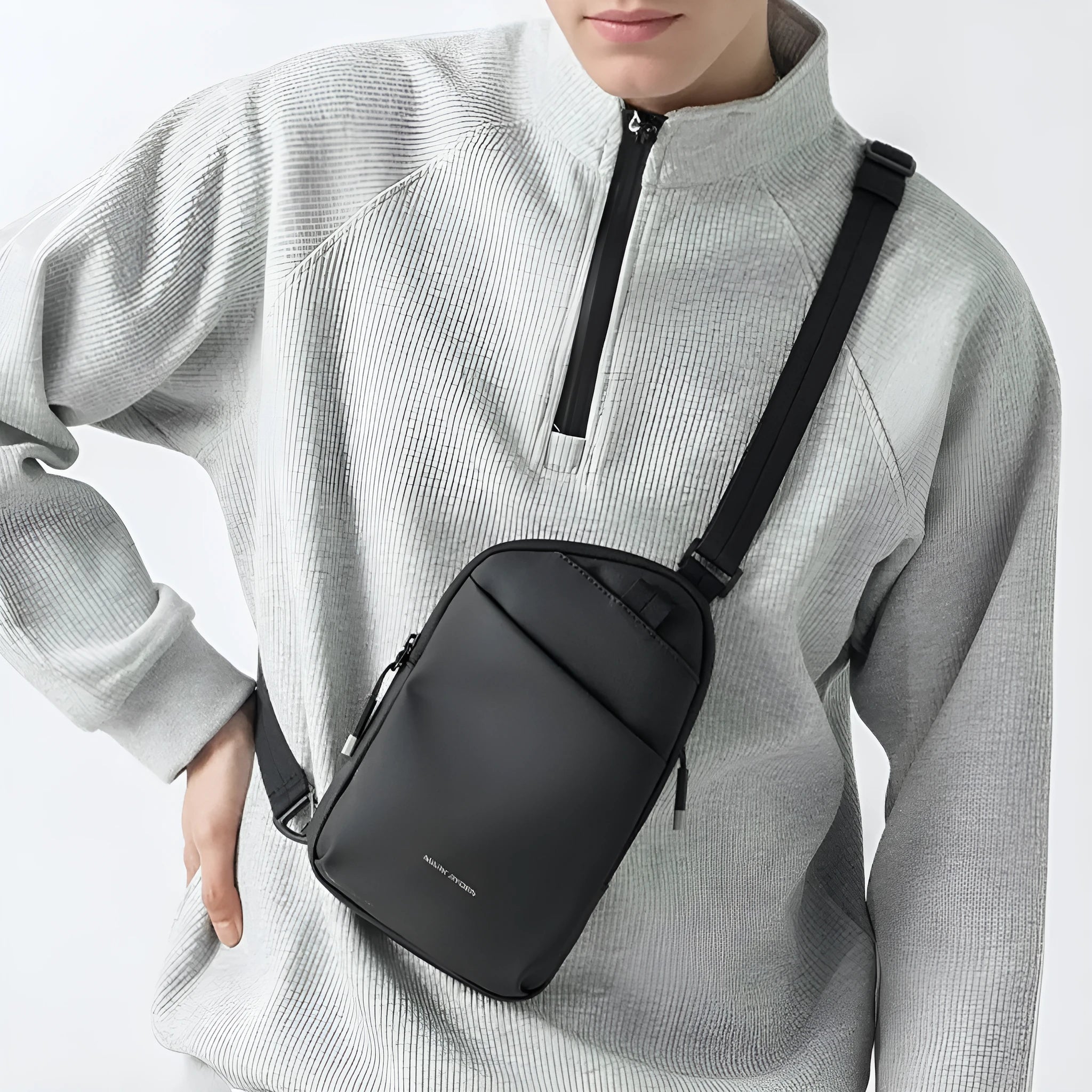Men's elegant black Oxford cloth crossbody bag with reinforced sewing thread construction
