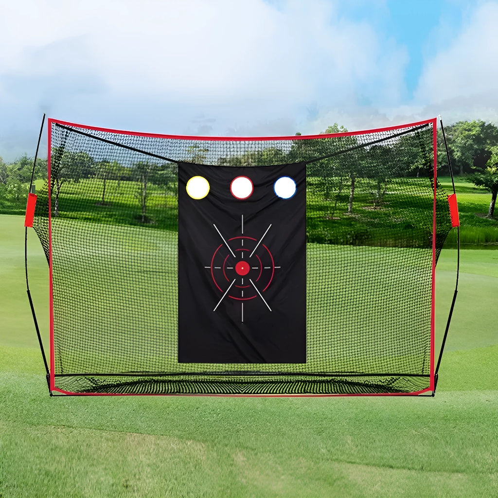 Golf wedge training net with three-hole cross target and straw practice mat