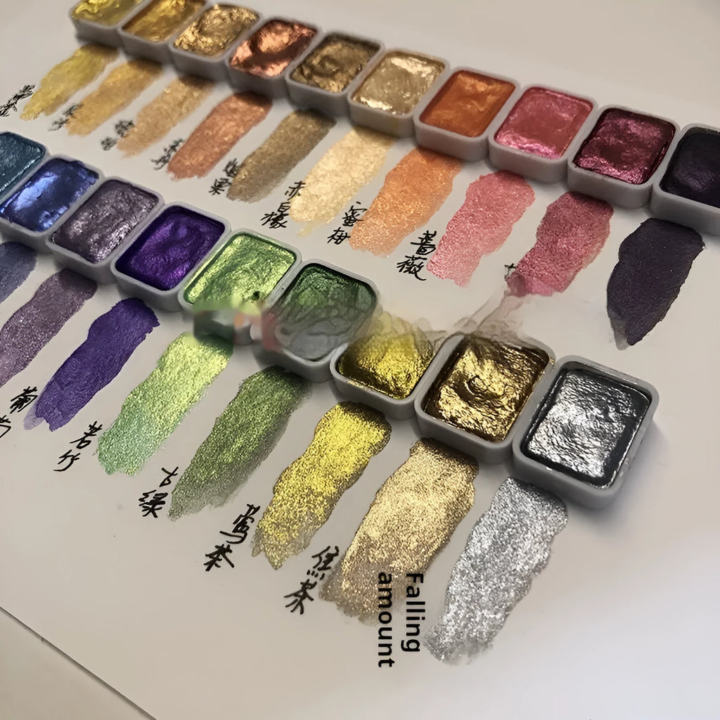 Traditional Chinese painting watercolour set showing tubes of red gold, white gold, warm, and cold pearlescent colours.