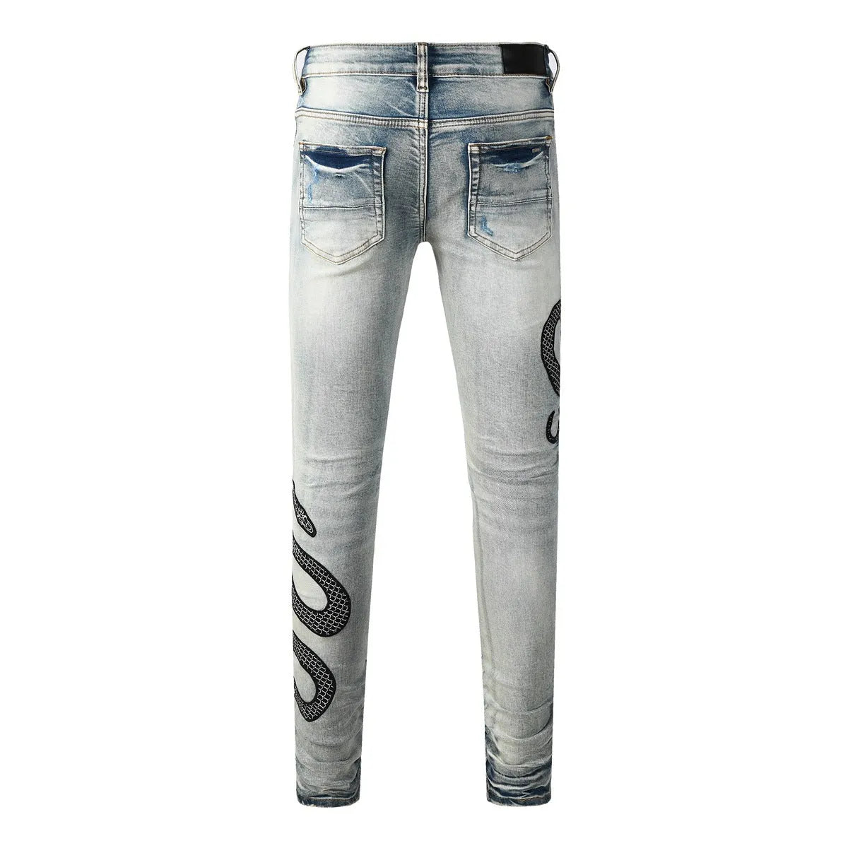 8934Blue distressed skinny jeans with button fly and mid-waist street fashion styling