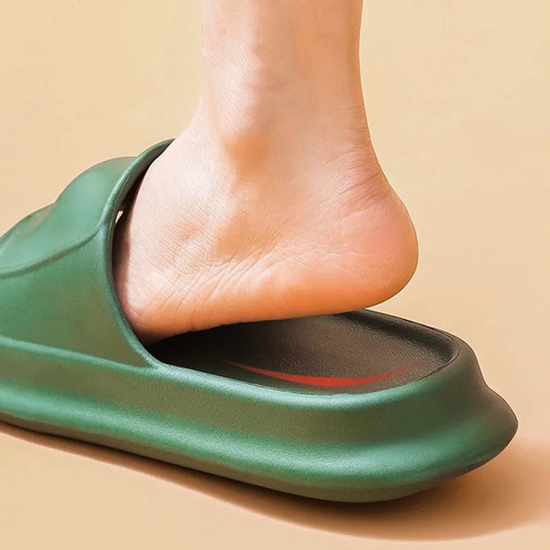 Soft EVA flip-flop slippers with a thick sole, shown in multiple colours including black, pink, and grey.