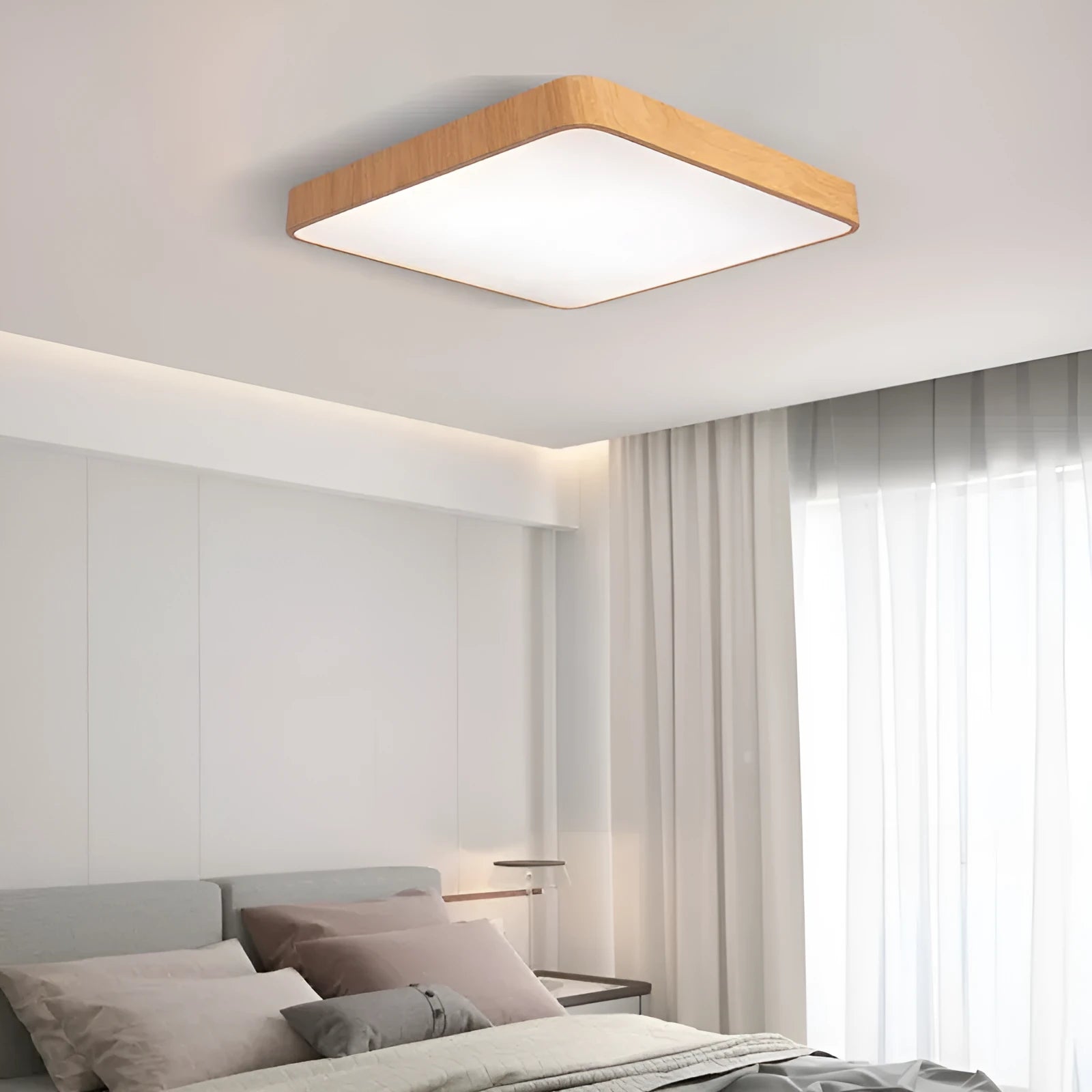 Nordic wood grain finish LED bedroom light with square iron art frame in modern simplicity design