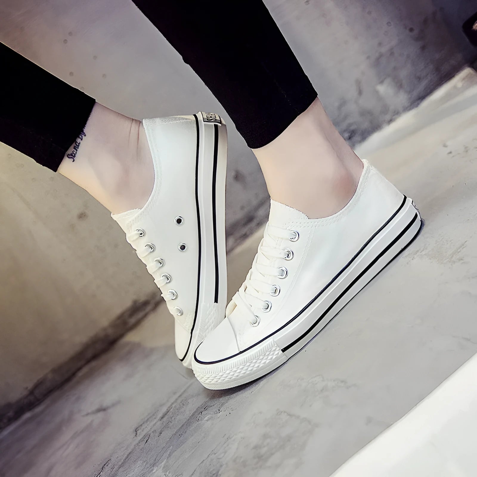 Women's solid colour canvas casual shoes in black, white black, white red and all black colour options.