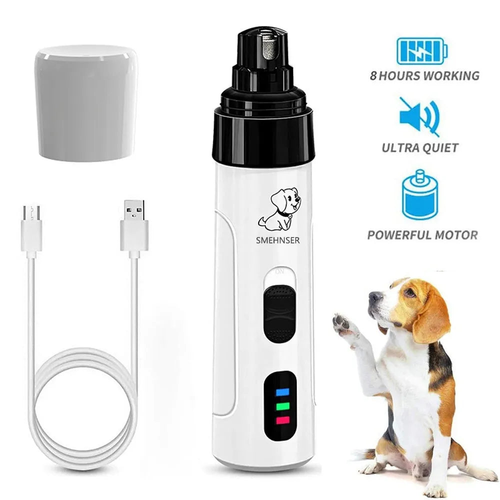 Electric dog nail trimmer with LED display showing speed settings and automatic piercing mechanism