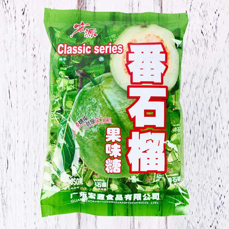 Three bags of hard candy: plum sugar, guava, and tangerine peel flavours in a 350g and 355g assortment pack.