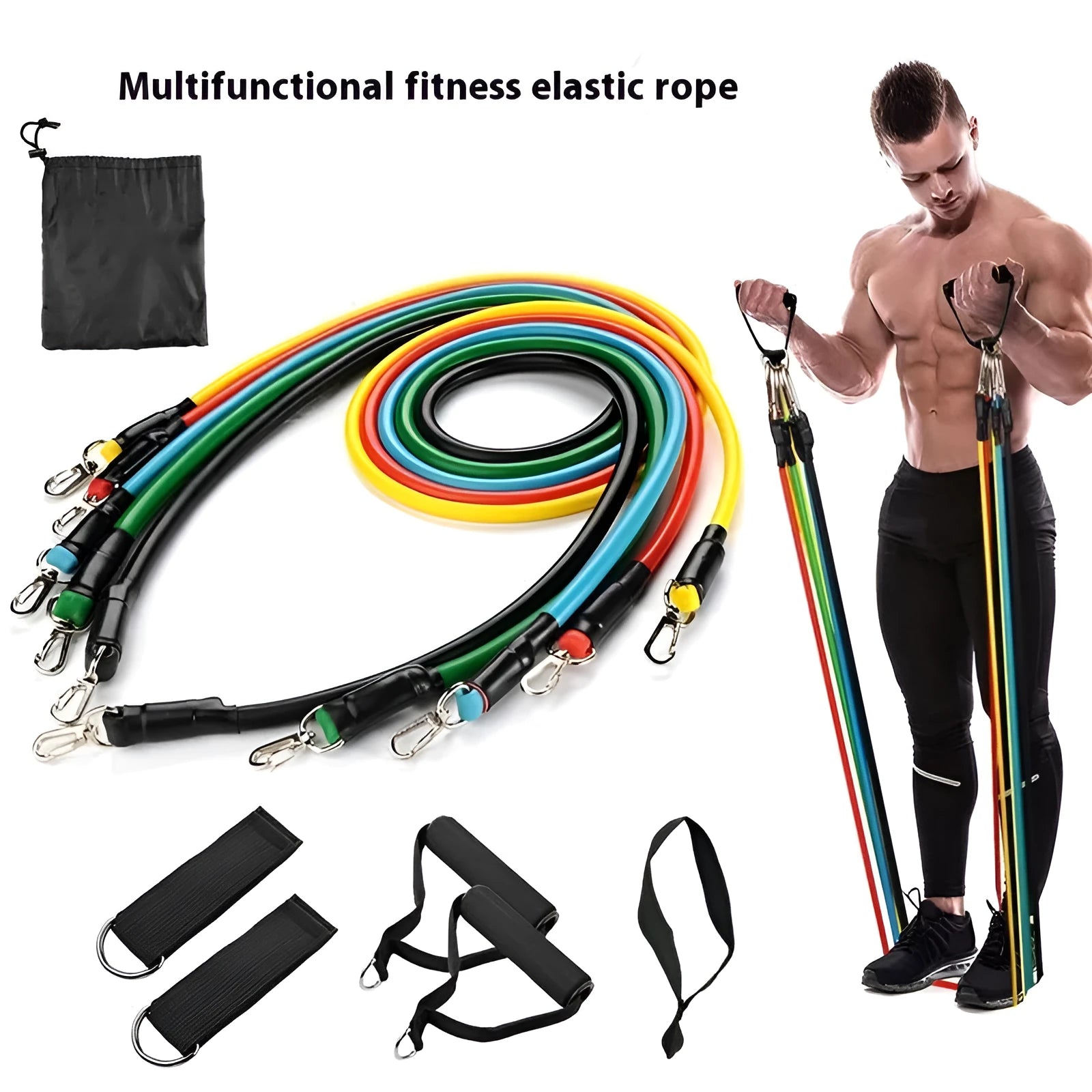 11-piece multi-functional door-mounted resistance training set with pulling rope and ABS plastic hooks.