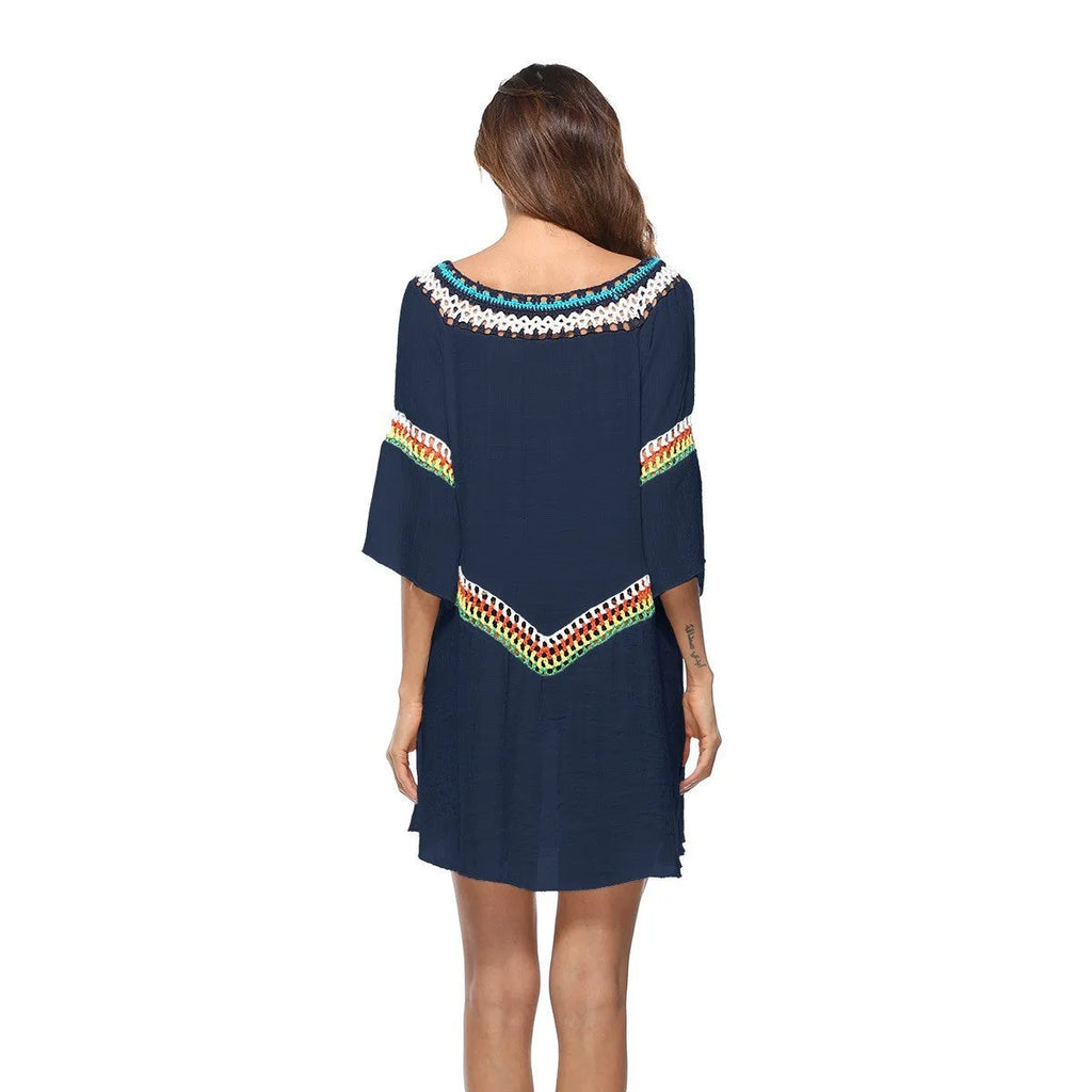 Crocheted ethnic style sun protection clothing beach cover-up in apricot colour