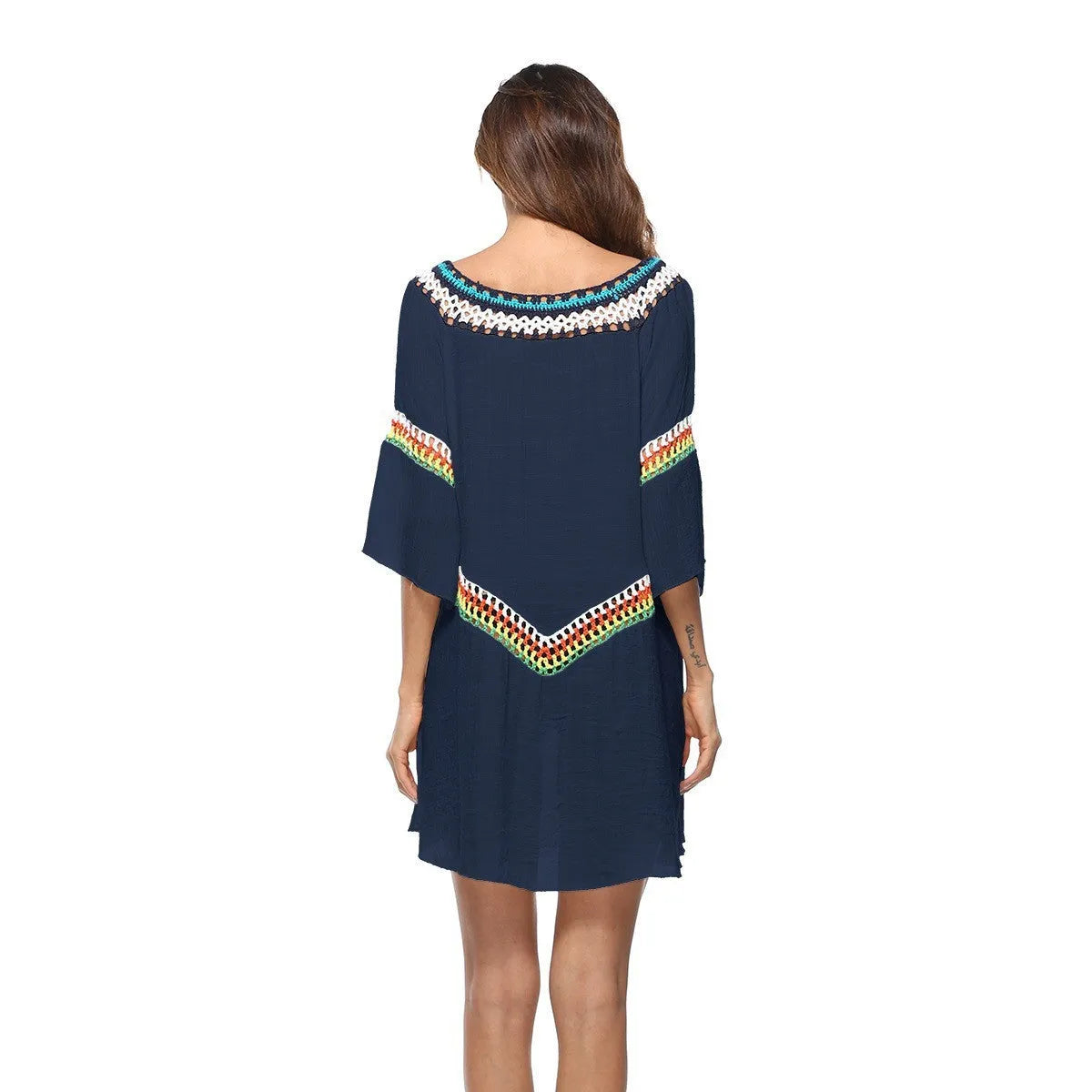 Crocheted ethnic style sun protection clothing beach cover-up in apricot colour