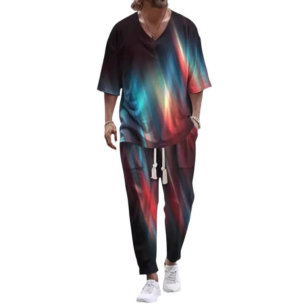 Thin polyester trousers suit with a cropped sleeve V-neck jacket on a hanger.