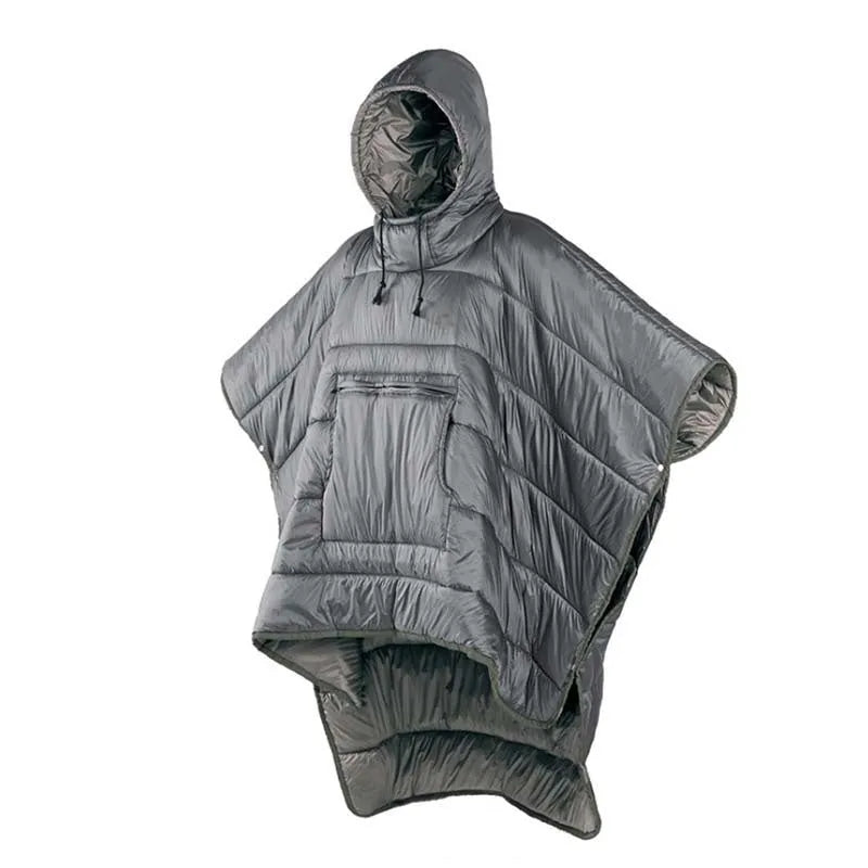 Grey outdoor cloak sleeping bag for adults showing wearable design and 200x140cm dimensions