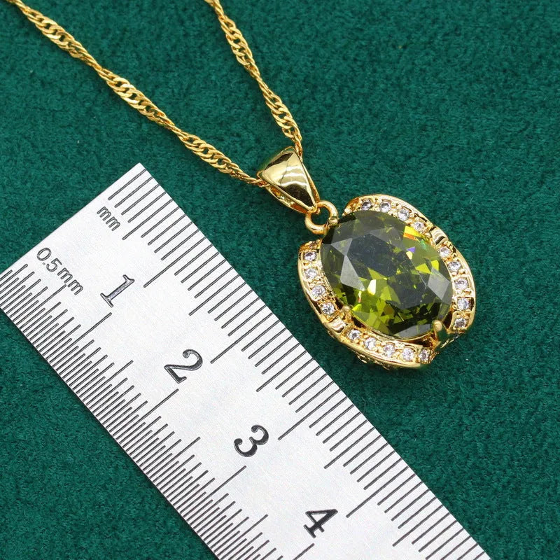 Women's copper rhinestone jewellery set with zircon stones in olive green colour