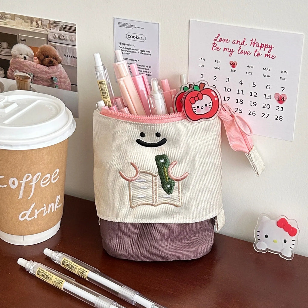 Korean style collapsible pencil case with cartoon design in Oxford fabric