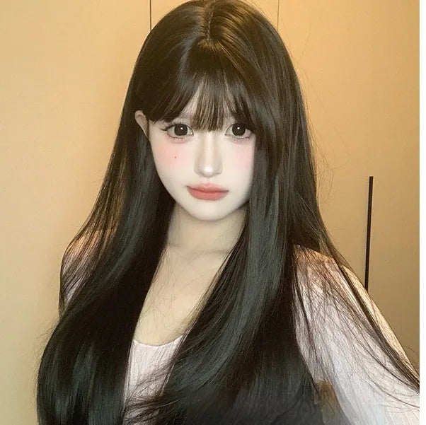Dark brown long straight full-head wig with bangs for round face shapes