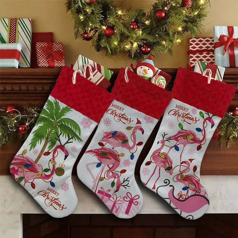 Flamingo Christmas stocking ornament in cloth fabric measuring 46cm by 28cm