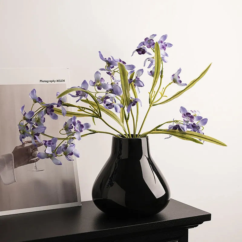 Ceramic round belly French high sense decorative vase in black or white with coloured glaze finish and floral ornaments