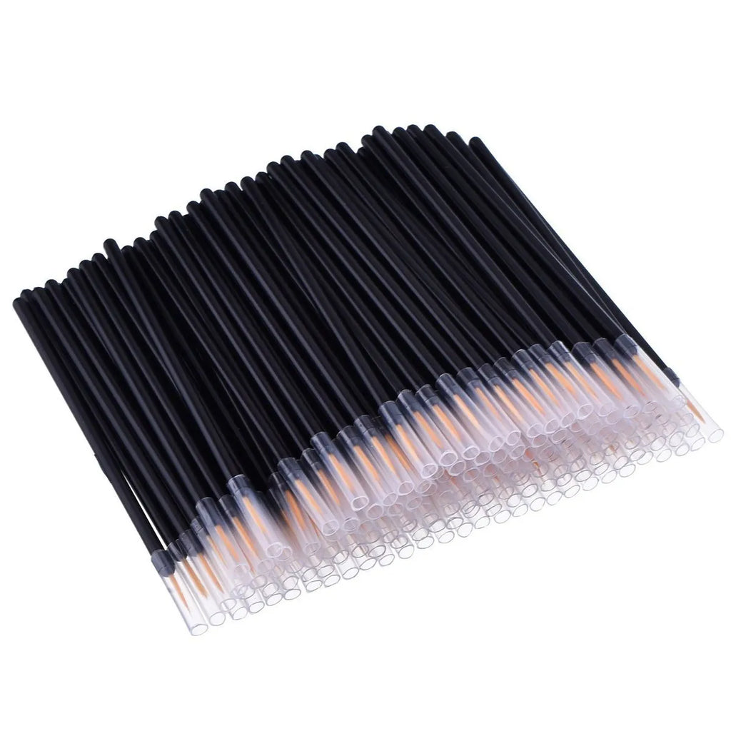 Pack of 100 black disposable eyeliner brushes with fine pointed tips and clear plastic sleeves.