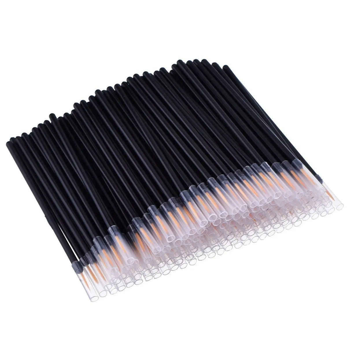Pack of 100 black disposable eyeliner brushes with fine pointed tips and clear plastic sleeves.