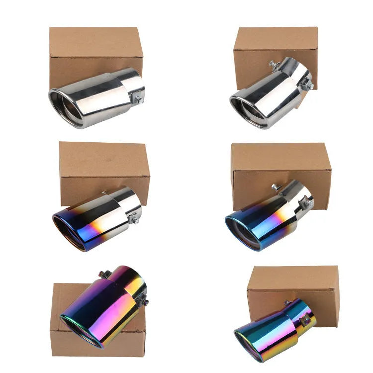 Stainless steel car modification tailpipe in baked blue, bright silver, and colourful finishes, straight and curved styles.
