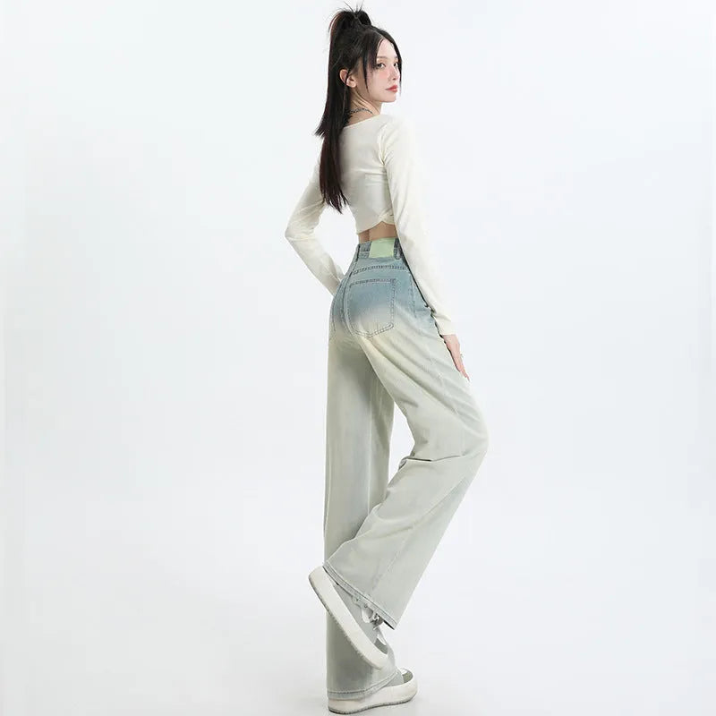 Gradient blue denim straight-leg pants with wide leg style for women