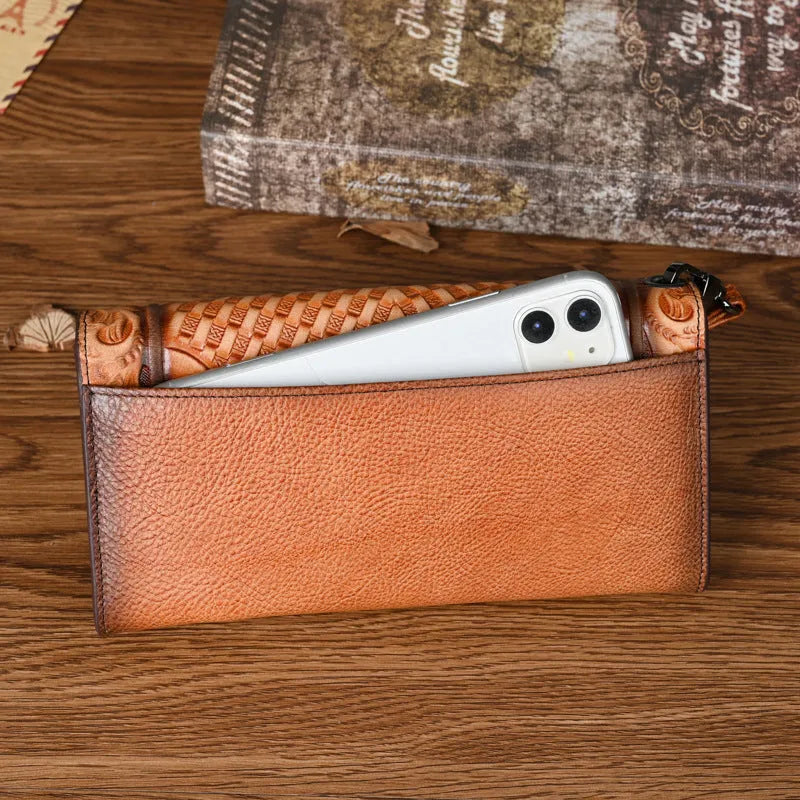 Chinese-style floral embossed women's leather wallet showing tri-fold design in retro brown colour
