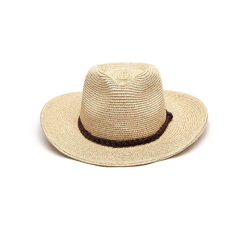 Men's foldable straw sun hat with big brim in beige colour on outdoor background