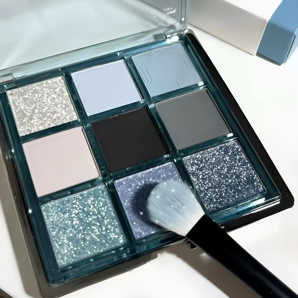 MUGELEEN nine-colour eye shadow palette 08 showing matte and shimmer blue smoked eye shadows