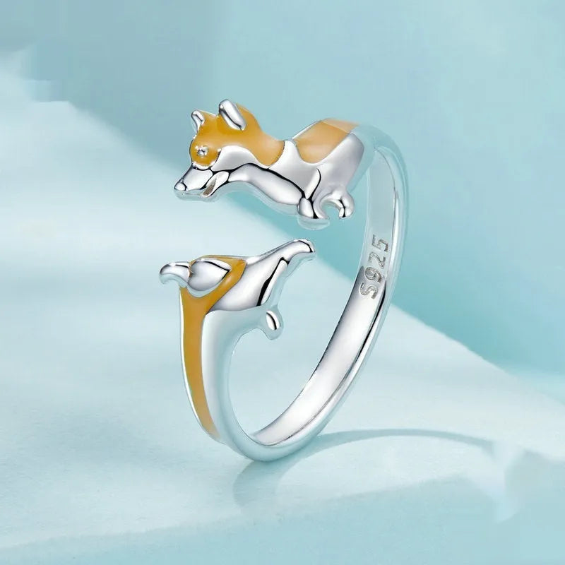Silver electroplated corgi charm ring with cartoon design SCR1014-E colour