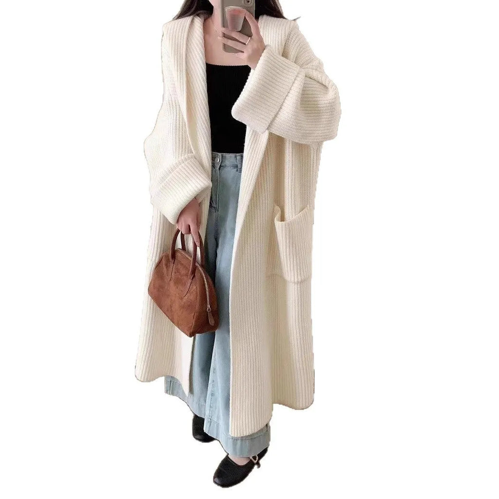 Loose fit hooded cardigan coat in acrylic fabric with extended length and raglan sleeves