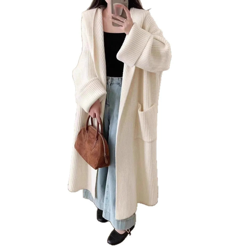 Loose fit hooded cardigan coat in acrylic fabric with extended length and raglan sleeves