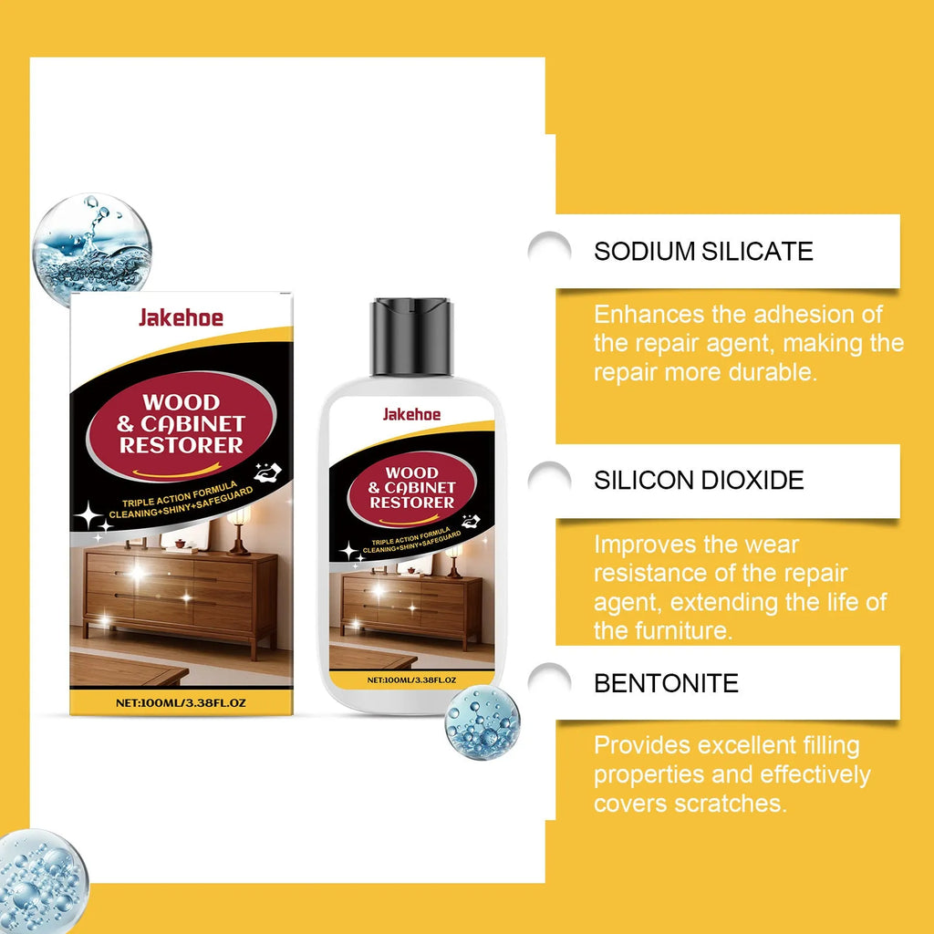 Wooden furniture scratch care solution kit showing 100ml bottle and microfibre towel for surface maintenance