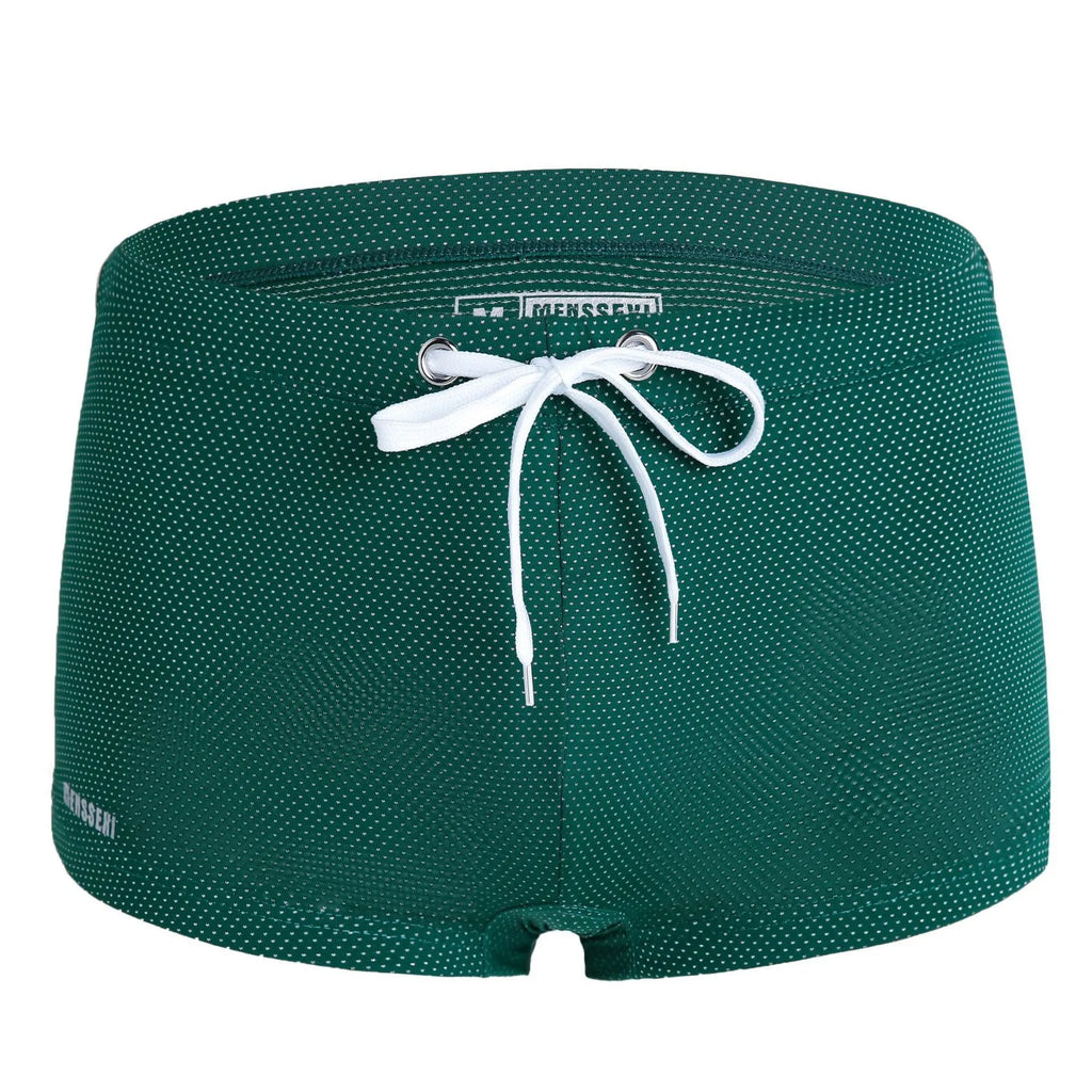 Men's low waist boxer swimming trunks in nylon lace fabric available in multiple solid colours