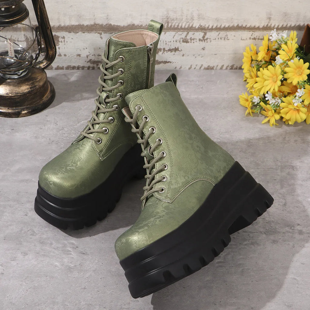Women's black retro Martin boots with chunky heel, platform sole, and side zip.