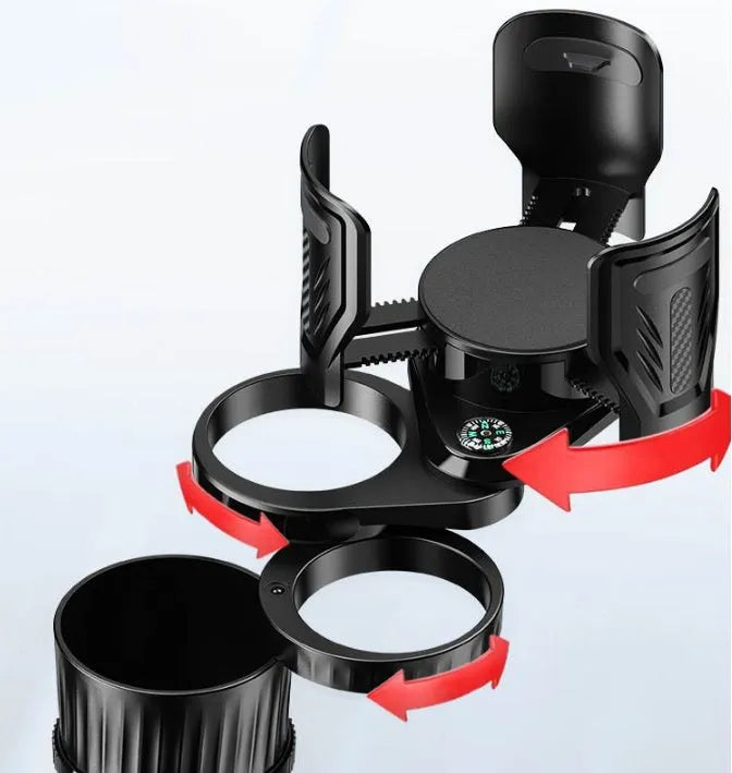 Retractable black car drink holder with adjustable base on a car dashboard.