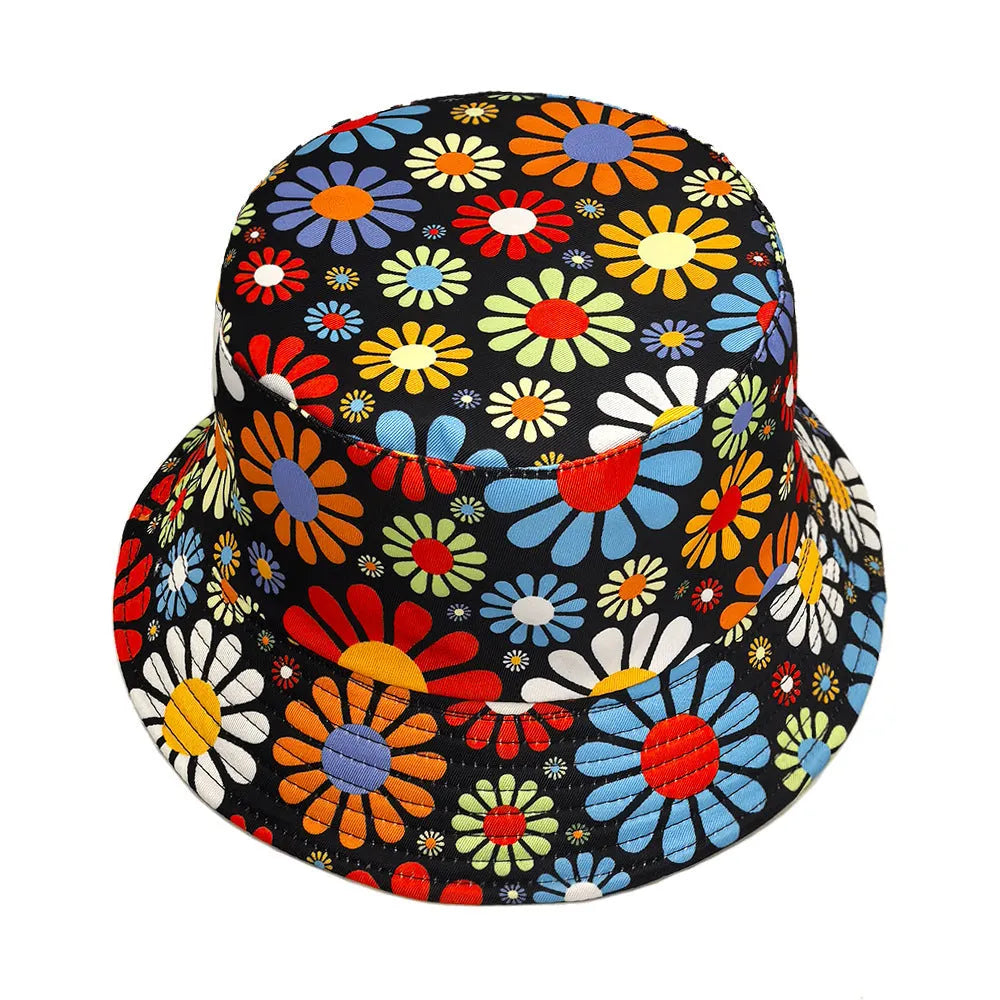 Colourful floral pattern bucket sun hat with dome crown in size M for women