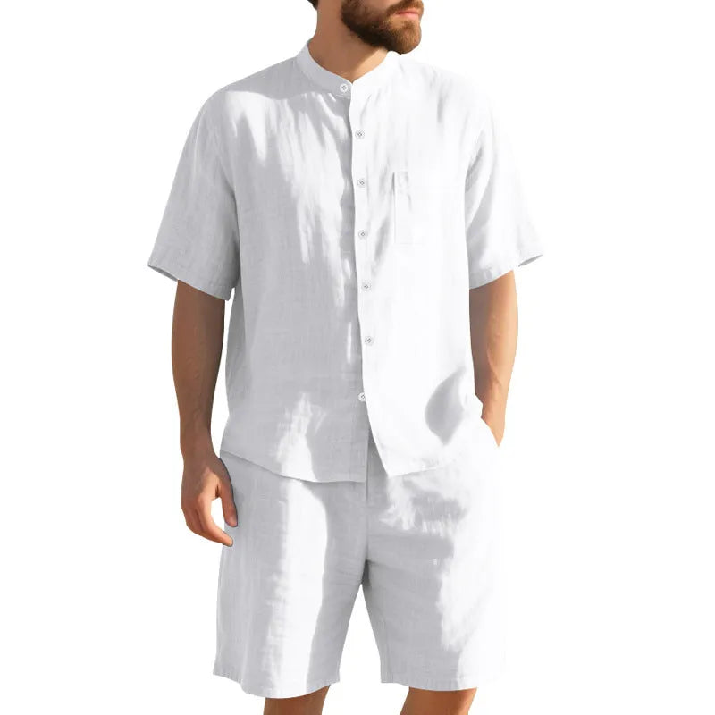 Men's light blue linen short sleeve suit jacket and shorts on a hanger for summer casual wear.