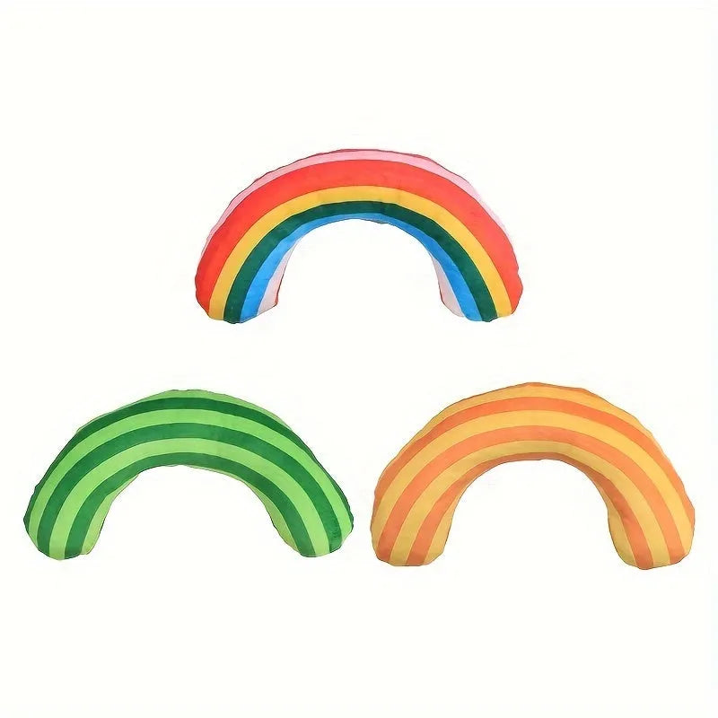 Striped green cat toy pillow with noise maker measuring 23cm alongside three additional cat toys