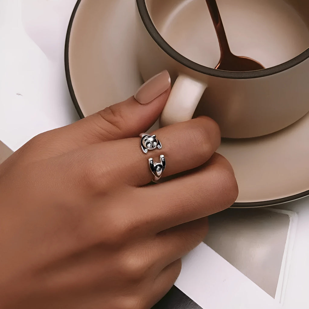 Cute panda sterling silver ring with white gold plating and adjustable opening