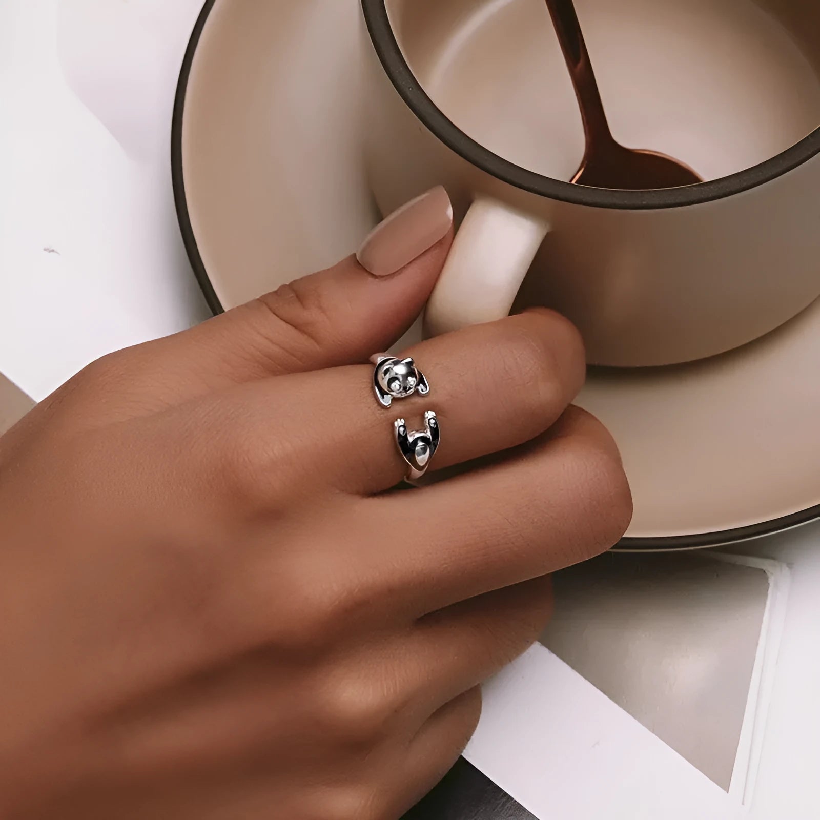 Cute panda sterling silver ring with white gold plating and adjustable opening