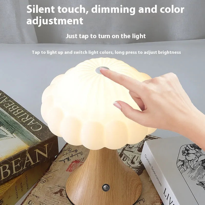 Mushroom-shaped touch control night lamp with USB charging port in wood grain colour