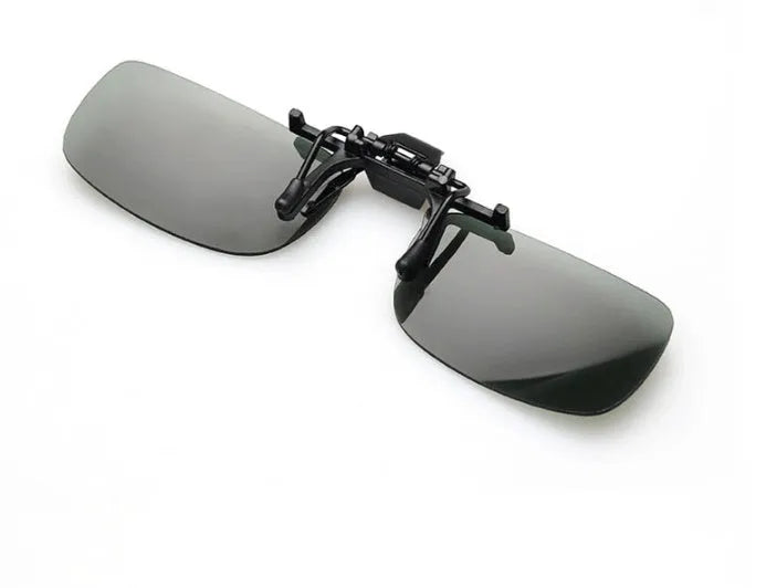 PC plastic clip-on sunglasses for prescription glasses in grey, dark green, and night vision tints