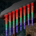 Solar-powered LED ice cone meteor shower festoon lamp with remote control on a bracket.