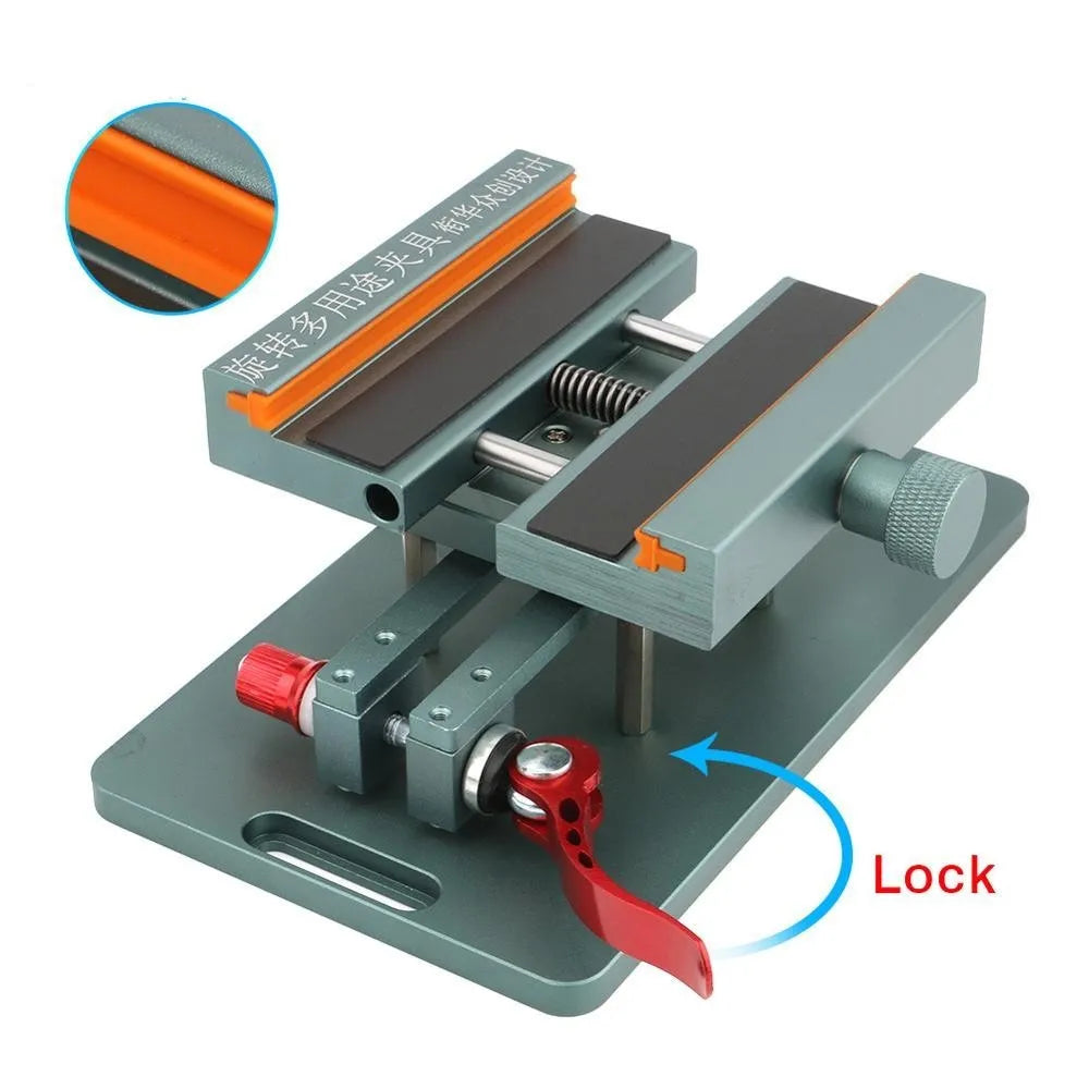 General mobile phone repair fixture with adjustable clamps, silicone grips, and a metal demolition crowbar tool.