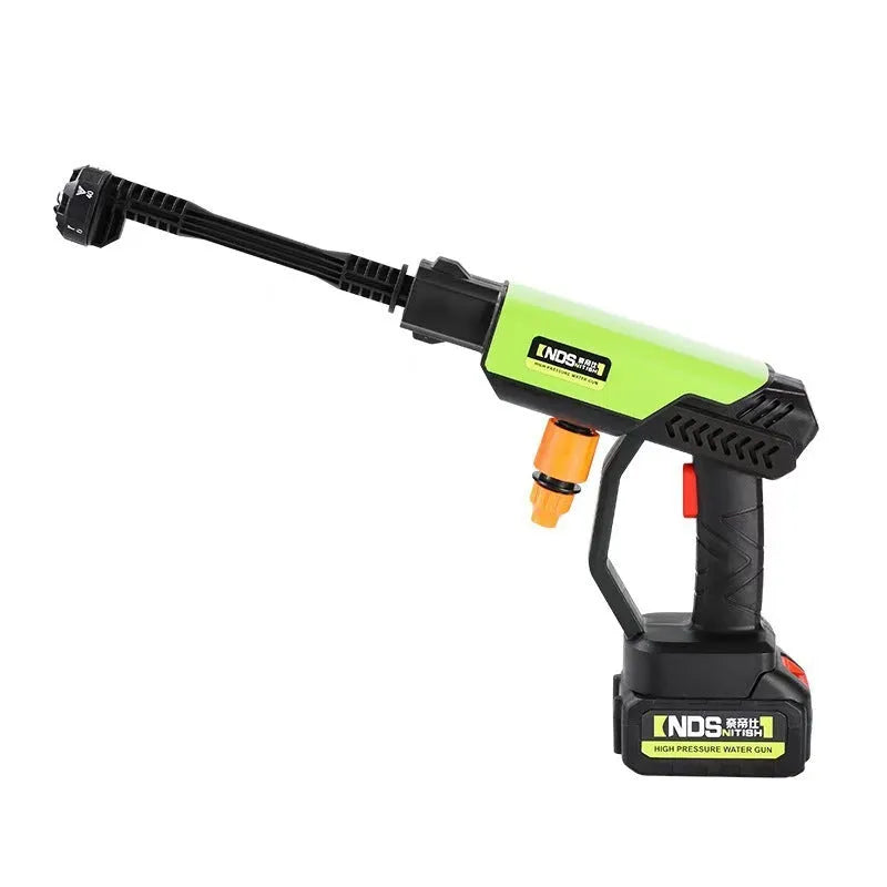 Green wireless high-pressure water gun with metal nozzle and battery pack for portable cleaning