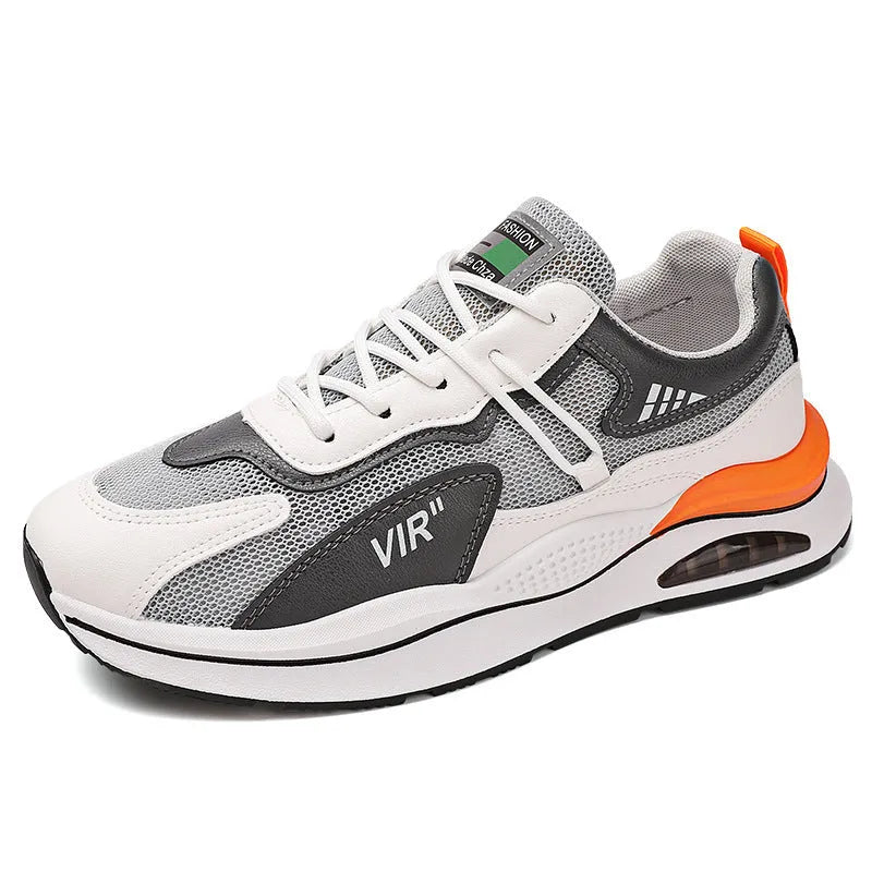 Men's gray mesh running shoes with round toe and visible stitching, shown from side view