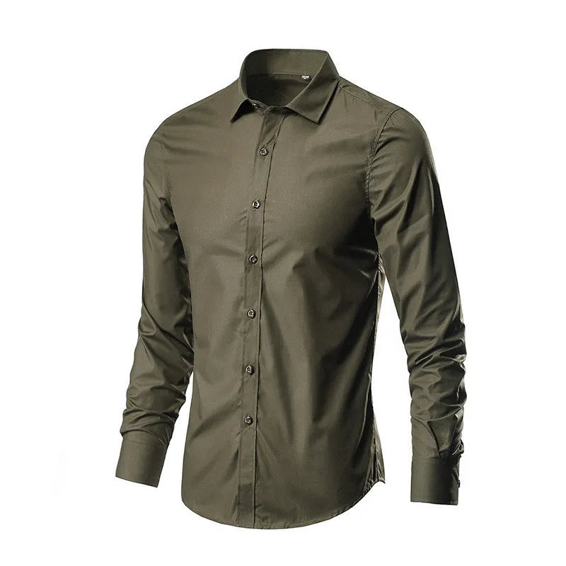 Long sleeve linen shirt in a loose fit, shown in a solid colour, with a button front and standard collar.