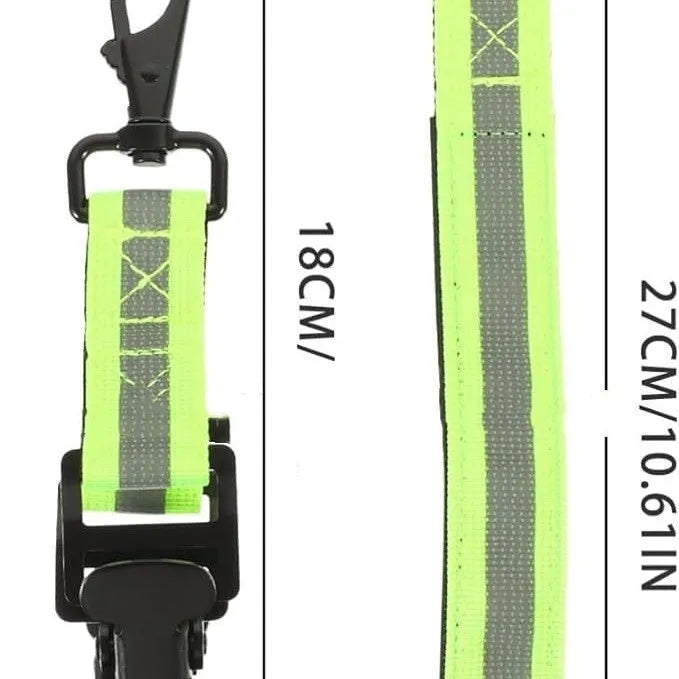 Fluorescent green metal buckle safety clip for organising gloves on industrial gear.